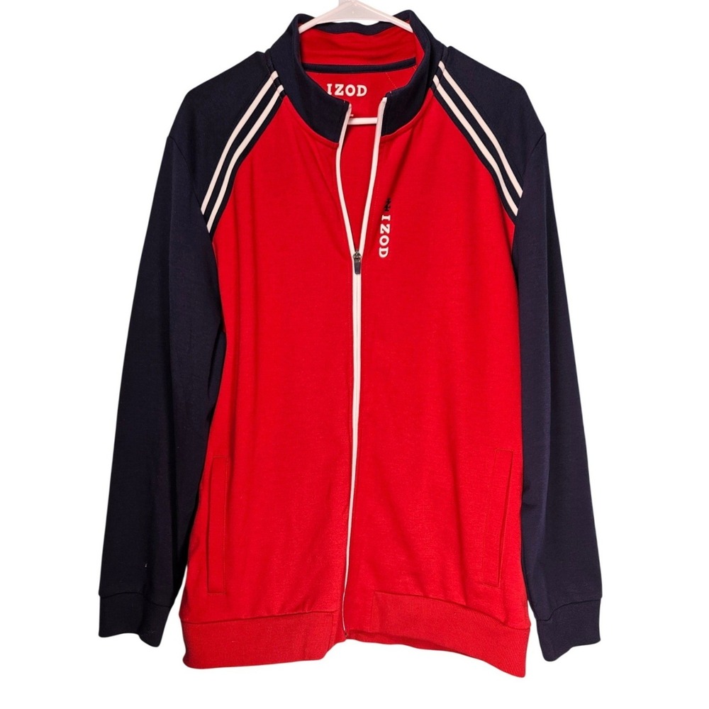 IZOD Mens Track Jacket Red Navy Blue Colorblock Striped Full Zip Mock Neck Large